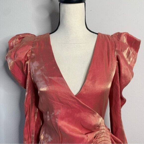 Elliatt Metallic Copper Gold Puff Shoulder Long Sleeve Wrap Mini Dress - Picture 6 of 13